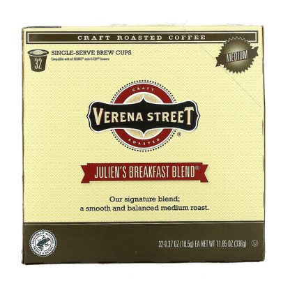 Verena Street, Julien's Breakfast Blend, Craft Roasted Coffee, Medium Roast, 32 Single-Serve Brew Cups, 0.37 oz (10.5 g) Each