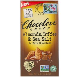 Chocolove, Almonds, Toffee & Sea Salt in Dark Chocolate, 55% Cocoa, 3.2 oz (90 g)