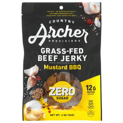 Country Archer Jerky, Grass-Fed Beef Jerky, Zero Sugar, Mustard BBQ, 2 oz (56 g)