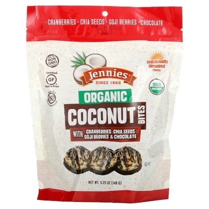 Jennies Macaroons, Organic Coconut Bites, with Cranberries, Chia Seeds, Goji Berries & Chocolate, 5.25 oz (149 g)