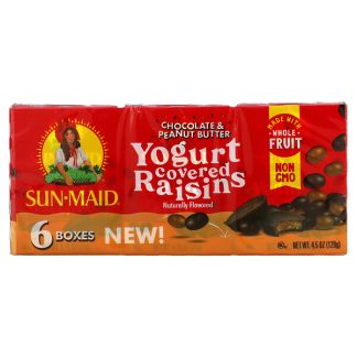 Sun-Maid, Yogurt Covered Raisins, Chocolate & Peanut Butter, 6 Boxes, 0.75 oz (21 g) Each