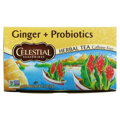 Celestial Seasonings, Herbal Tea, Ginger + Probiotics, Caffeine Free, 20 Tea Bags, 1.1 oz (31 g)