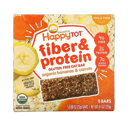 Happy Family Organics, HappyTot, Fiber & Protein Gluten Free Oat Bar, Organic Bananas & Carrots, 5 Bars, 0.88 oz (25 g) Each