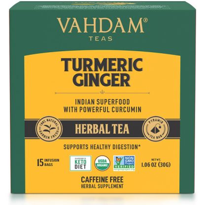 Vahdam Teas, Herbal Tea, Turmeric Ginger, Caffeine Free, 15 Infusion Bags, 1.06 oz (30 g)