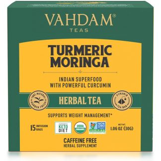 Vahdam Teas, Herbal Tea, Turmeric Moringa, Caffeine Free, 15 Infusion Bags, 1.06 oz (30 g)