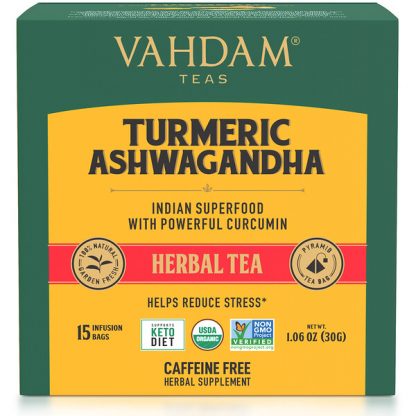 Vahdam Teas, Herbal Tea, Turmeric Ashwagandha, Caffeine Free, 15 Infusion Bags, 1.06 oz (30 g)