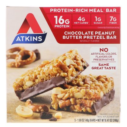 Atkins, Chocolate Peanut Butter Pretzel Bar, 5 Bars, 1.69 oz (48 g) Each