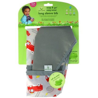 Green Sprouts, Snap & Go Easy Wear Long Sleeve Bib, 12-24 Months, Gray Firetruck, 1 Count