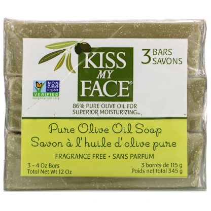 Kiss My Face, Pure Olive Oil Soap, Fragrance Free, 3 Bars, 4 oz (115 g) Each