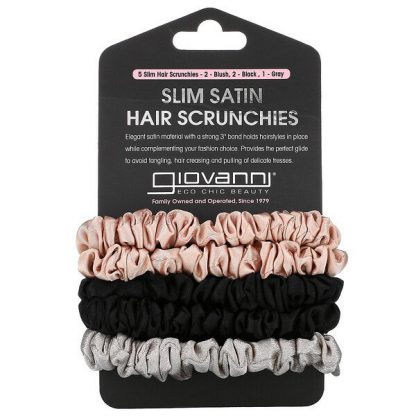 Giovanni, Slim Satin Hair Scrunchies, Blush, Black, Gray, 5 Scrunchies