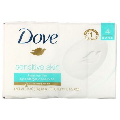 Dove, Beauty Bar Soap, Sensitive Skin, Fragrance Free, 4 Bars, 3.75 oz (106 g) Each