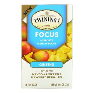 Twinings, Focus Herbal Tea, Ginseng, Mango & Pineapple, Caffeine Free, 18 Tea Bags, 0.95 oz (27 g)