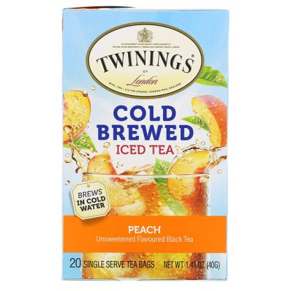 Twinings, Cold Brewed Iced Tea, Unsweetened Flavoured Black Tea, Peach, 20 Tea Bags, 1.41 oz (40 g)