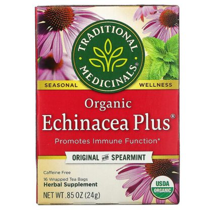 Traditional Medicinals, Organic Echinacea Plus, Original with Spearmint, Caffeine Free, 16 Wrapped Tea Bags, .85 oz (24 g)