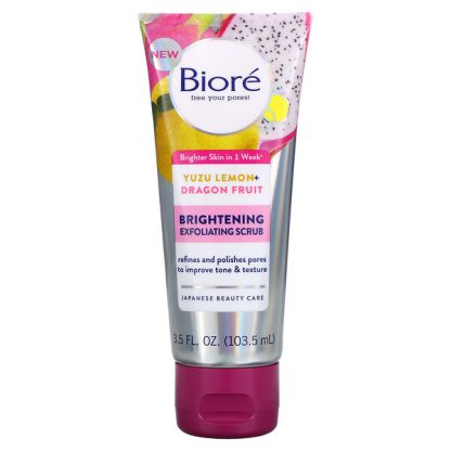 Biore, Brightening Exfoliating Scrub, Yuzu Lemon + Dragon Fruit, 3.5 fl oz (103.5 ml)