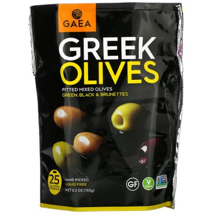 Gaea, Greek Olives, Pitted Mixed Olives, Green, Black & Brunettes, 5.3 oz (150 g)