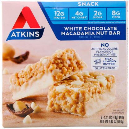 Atkins, Snacks, White Chocolate Macadamia Nut Bar, 5 Bars, 1.41 oz (40 g) Each