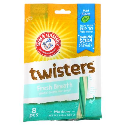 Arm & Hammer, Twisters, Fresh Breath Dental Treats For Dogs, Medium, Mint, 8 Pieces