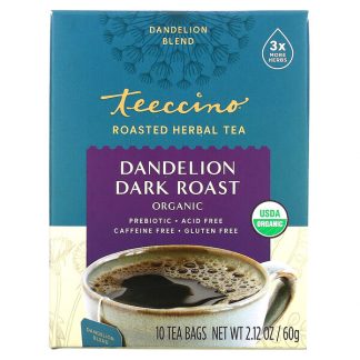 Teeccino, Organic Roasted Herbal Tea, Dandelion Dark Roast, Caffeine Free, 10 Tea Bags, 2.12 oz (60 g)