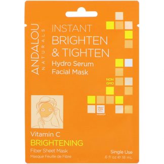 Andalou Naturals, Instant Brighten & Tighten, Hydro Serum Beauty Facial Mask, Brightening, 1 Single Use Fiber Sheet Mask, 0.6 fl oz (18 ml)