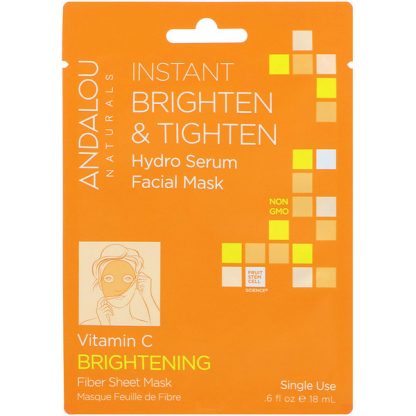 Andalou Naturals, Instant Brighten & Tighten, Hydro Serum Beauty Facial Mask, Brightening, 1 Single Use Fiber Sheet Mask, 0.6 fl oz (18 ml)