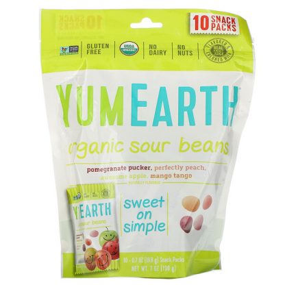 YumEarth, Organic Sour Beans, Assorted Flavors, 10 Snack Packs, 0.7 oz (19.8 g) Each