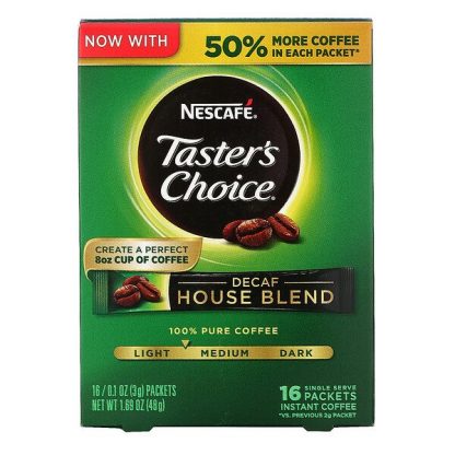 Nescafé, Taster's Choice, Instant Coffee, House Blend, Light/Medium Roast, Decaf, 16 Packets, 0.1 oz (3 g) Each