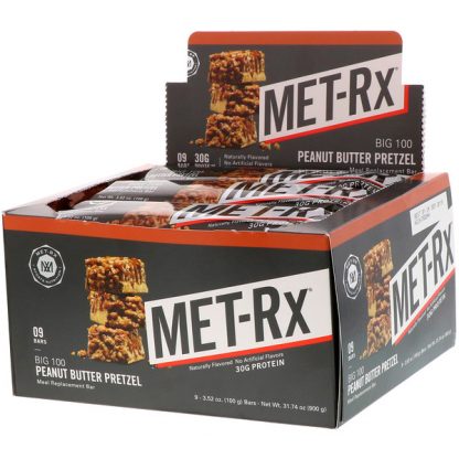 MET-Rx, Big 100, Meal Replacement Bar, Peanut Butter Pretzel, 9 Bars, 3.52 oz (100 g) Each