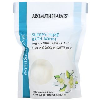 Smith & Vandiver, Sleepy Time Bath Bombs with Neroli Essential Oil, 4 Effervescent Bath Balls, 0.8 oz (22 g) Each