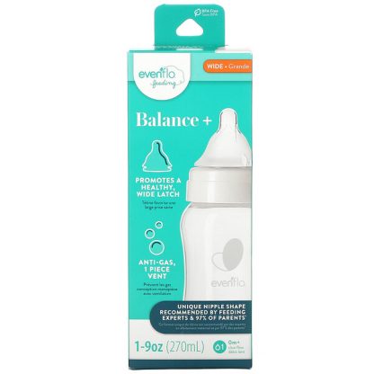 Evenflo Feeding, Balance+ Bottle, Wide, 0+ Months, Slow, 9 oz (270 ml)