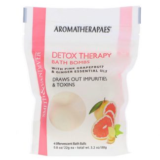 Smith & Vandiver, Detox Therapy Bath Bombs with Pink Grapefruit & Ginger Essential Oils, 4 Effervescent Bath Balls, 0.8 oz (22 g) Each