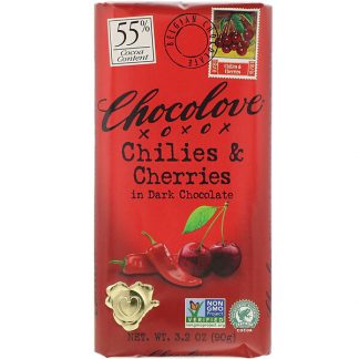 Chocolove, Chilies & Cherries in Dark Chocolate, 55% Cacao, 3.2 oz (90 g)