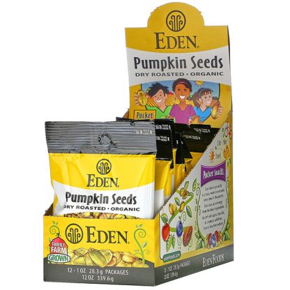 Eden Foods, Pocket Snacks, Organic Pumpkin Seeds, Dry Roasted, 12 Packages, 1 oz (28.3 g) Each