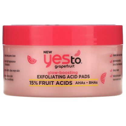 Yes To, Grapefruit, Glow-Boosting Exfoliating Acid Pads, 12 Quilted Double-Sided Pads