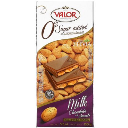 Valor, 0% Sugar Added, Milk Chocolate with Almonds, 5.3 oz (150 g)