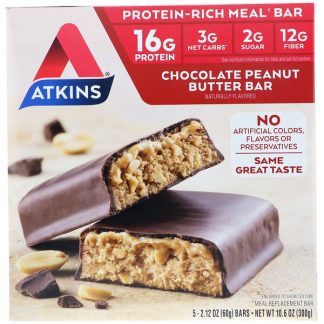 Atkins, Meal Bar, Chocolate Peanut Butter Bar, 5 Bars, 2.12 oz (60 g) Each