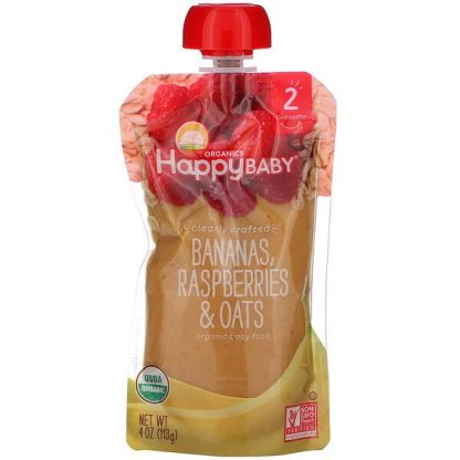 Happy Family Organics, Organic Baby Food, Stage 2, Clearly Crafted, 6+ Months, Bananas, Raspberries & Oats, 4 oz (113 g)