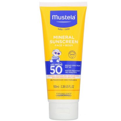 Mustela, Baby, Mineral Sunscreen, Face + Body, SPF 50, 3.38 fl oz (100 ml)