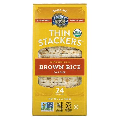 Lundberg, Organic Thin Stackers, Puffed Grain Cakes, Brown Rice, Salt-Free, 24 Rice Cakes, 6 oz (168 g)