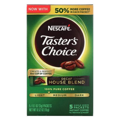 Nescafé, Taster's Choice, Instant Coffee, House Blend, Light/Medium Roast, Decaf, 5 Packets, 0.1 oz (3 g) Each