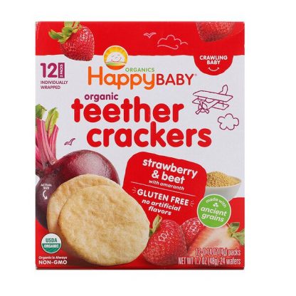 Happy Family Organics, Organic Teether Crackers, Strawberry & Beet with Amaranth, 12 Packs, 0.14 oz (4 g) Each