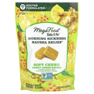 MegaFood, Baby & Me, Morning Sickness Nausea Relief, Honey Lemon Ginger, 30 Individually Wrapped Soft Chews