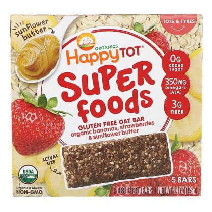 Happy Family Organics, Organics Happy Tot, Superfoods, Gluten Free Oat Bar, Organic Bananas, Strawberries & Sunflower Butter, 5 Bars, 0.88 oz (25 g) Each