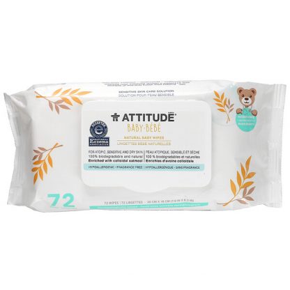 ATTITUDE, Baby, Natural Baby Wipes, Fragrance Free, 72 Wipes