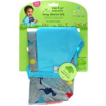 Green Sprouts, Snap & Go Easy Wear Long Sleeve Bib, 12-24 Months, Aqua Dinosaur, 1 Count