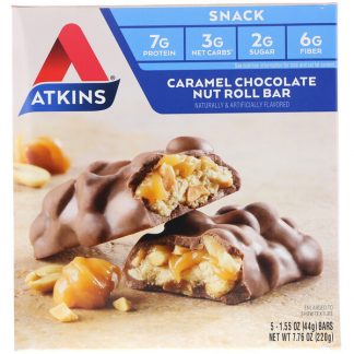 Atkins, Snack, Caramel Chocolate Nut Roll Bar, 5 Bars, 1.55 oz (44 g) Each