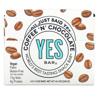 Yes Bar, Snack Bar, Coffee 'N' Chocolate, 6 Bars, 1.4 oz Each