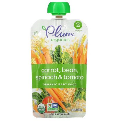 Plum Organics, Organic Baby Food, Stage 2, Carrot, Bean, Spinach & Tomato with Oats, 3.5 oz (99 g)