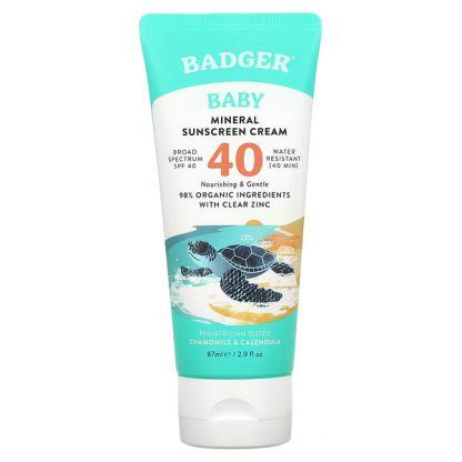 Badger Company, Baby Mineral Sunscreen Cream, SPF 40, Chamomile & Calendula, 2.9 fl oz (87 ml)